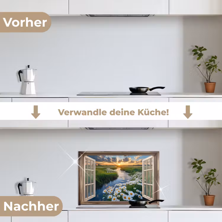Doorkijk - Landschap - Raam - Water - Zonsondergang keuken achterwand spatscherm klein -voor_na_DE