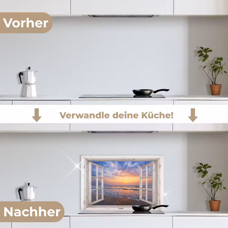 Doorkijk - Zee - Strand - Zonsondergang - Blauw keuken achterwand spatscherm klein -voor_na_DE