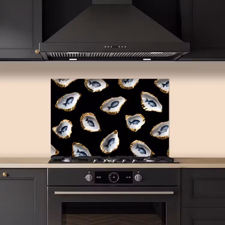 Oesters - Vissen - Blauw - Goud keuken achterwand spatscherm klein -sfeer1