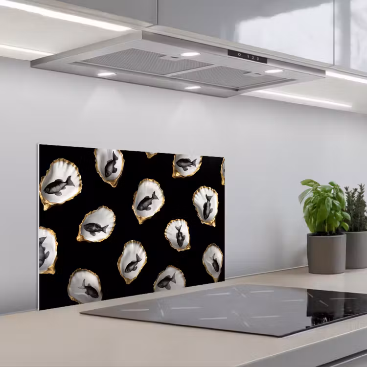 Oesters - Zwart - Vissen - Goud keuken achterwand spatscherm klein -3d_schuin