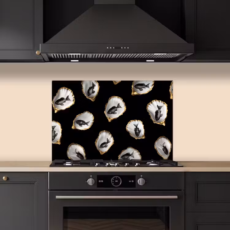 Oesters - Zwart - Vissen - Goud keuken achterwand spatscherm klein -sfeer1