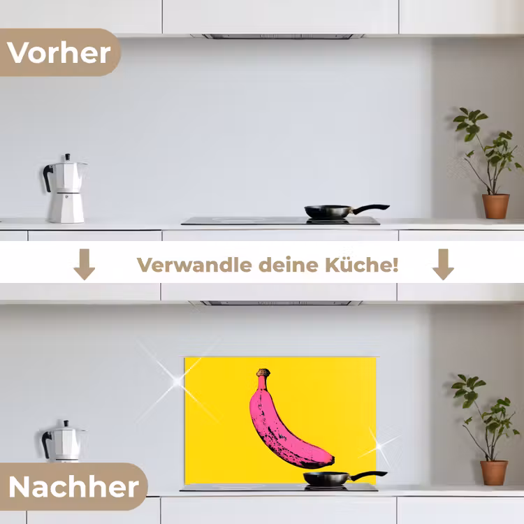 Banaan - Grafisch - Geel keuken achterwand spatscherm klein -voor_na_DE