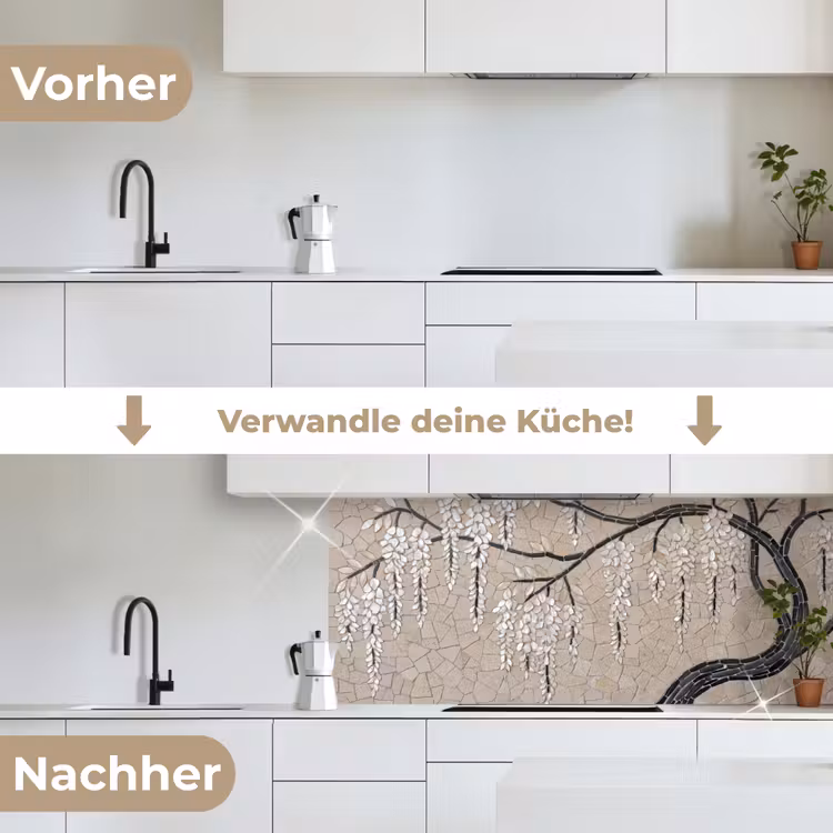 Boom - Bloemen - Mozaïek - Kunst - Wit keuken achterwand 2 middel -voor-na_DE