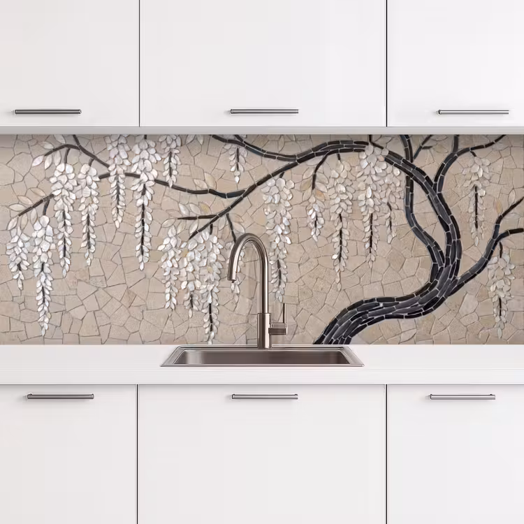Boom - Bloemen - Mozaïek - Kunst - Wit keuken achterwand 2 middel -3d
