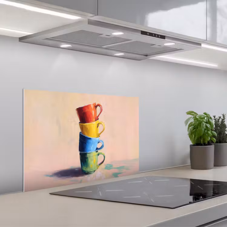 Mokken - Gestapeld - Keramiek - Kleurrijk keuken achterwand spatscherm klein -3d_schuin