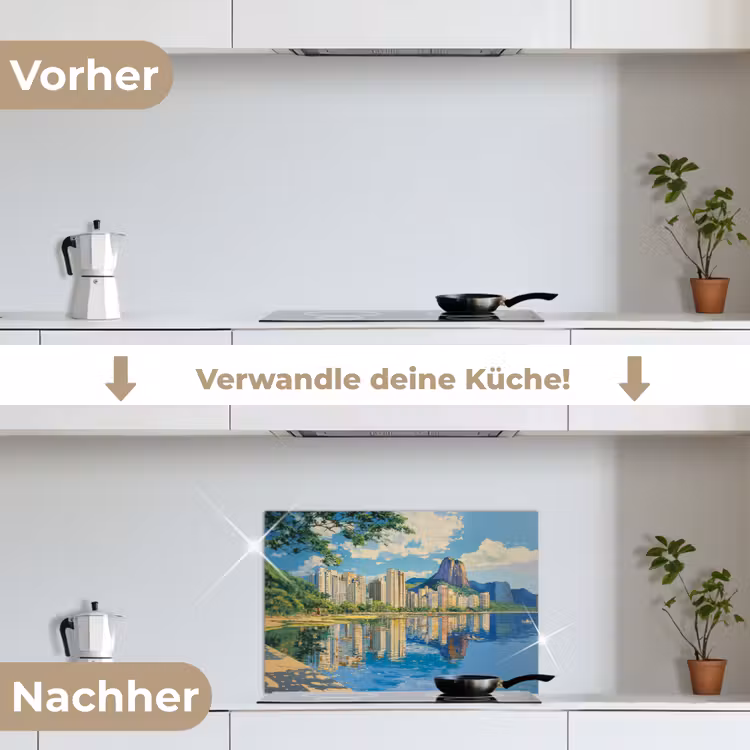 Berg - Skyline - Strand - Water keuken achterwand spatscherm klein -voor_na_DE