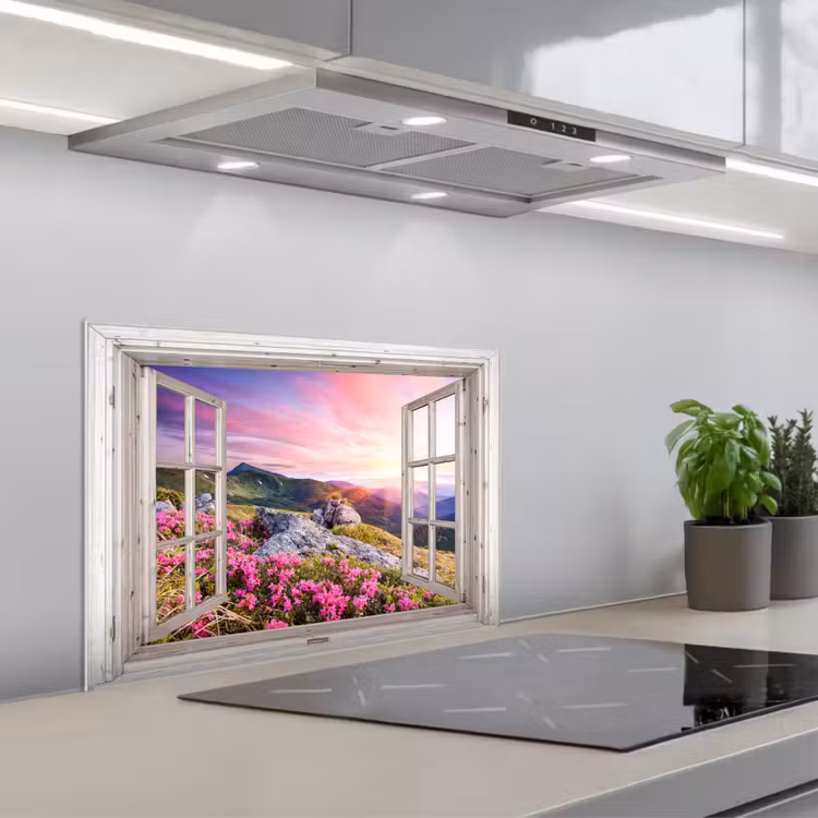 Bergen - Landschap - Doorkijk - Bloemen - Avond - Roze keuken achterwand spatscherm klein -3d_schuin