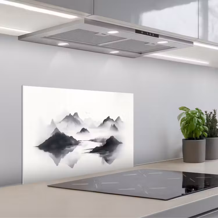 Bergen - Mistig - Water - Wit keuken achterwand spatscherm klein -3d_schuin
