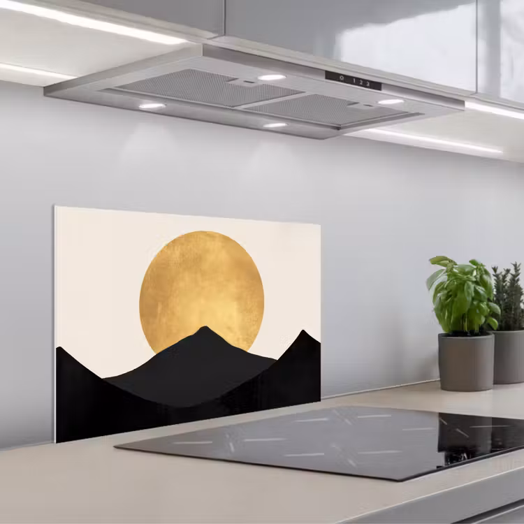 Bergsilhouetten - Gouden cirkel - Beige keuken achterwand spatscherm klein -3d_schuin