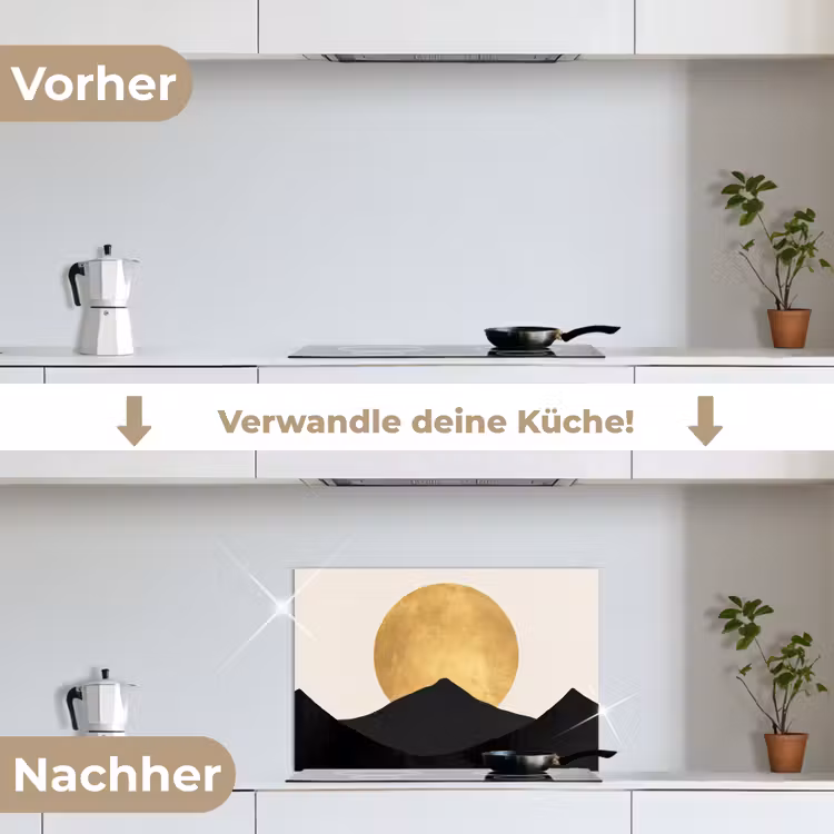 Bergsilhouetten - Gouden cirkel - Beige keuken achterwand spatscherm klein -voor_na_DE