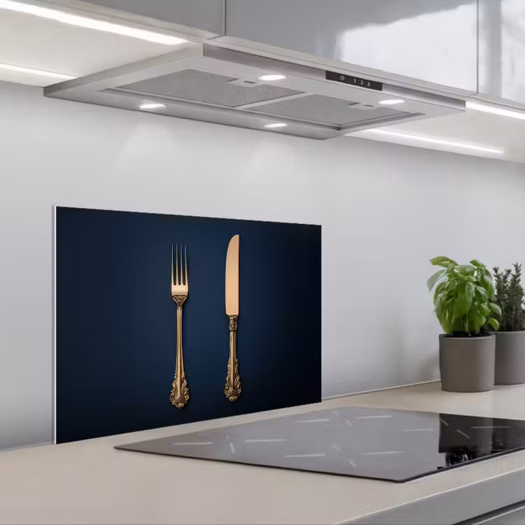 Bestek - Donkerblauw - Goud keuken achterwand spatscherm klein -3d_schuin