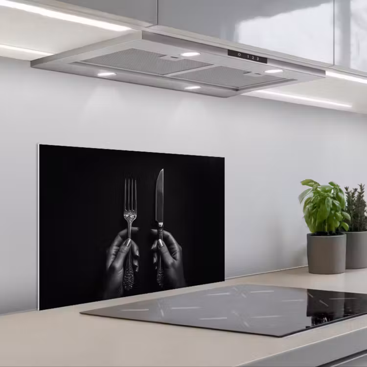 Bestek - Zwart - Wit keuken achterwand spatscherm klein -3d_schuin