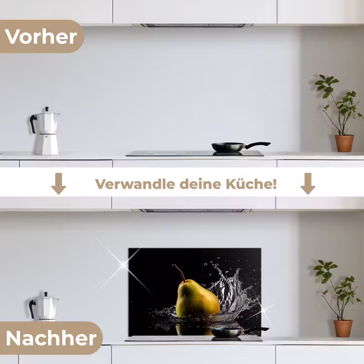 Peer - Fruit - Water - Zwart keuken achterwand spatscherm klein -voor_na_DE