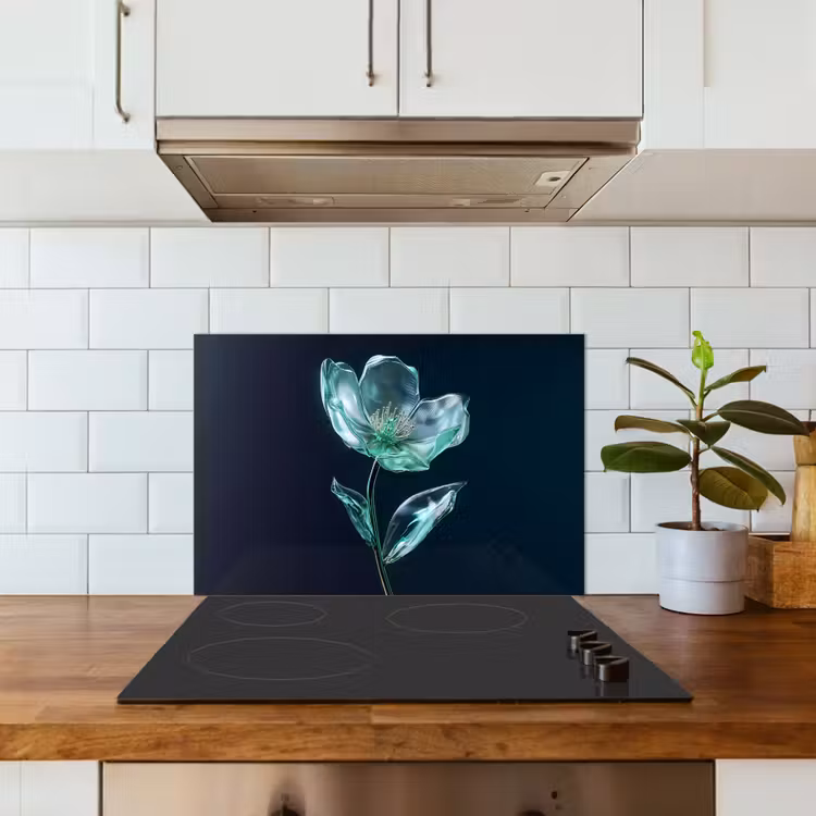 Bladeren - Bloem - Glazen - Donkerblauw keuken achterwand spatscherm klein -sfeer2