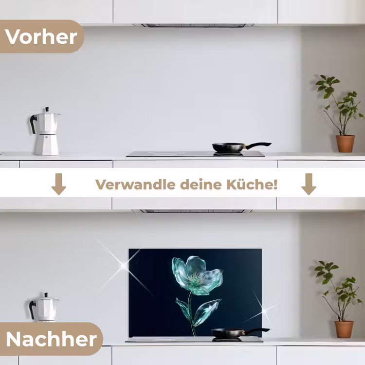 Bladeren - Bloem - Glazen - Donkerblauw keuken achterwand spatscherm klein -voor_na_DE