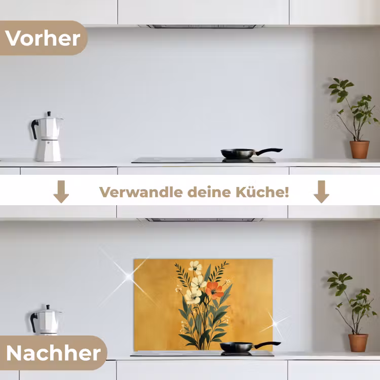 Bladeren - Boeket - Bloemen - Geel keuken achterwand spatscherm klein -voor_na_DE