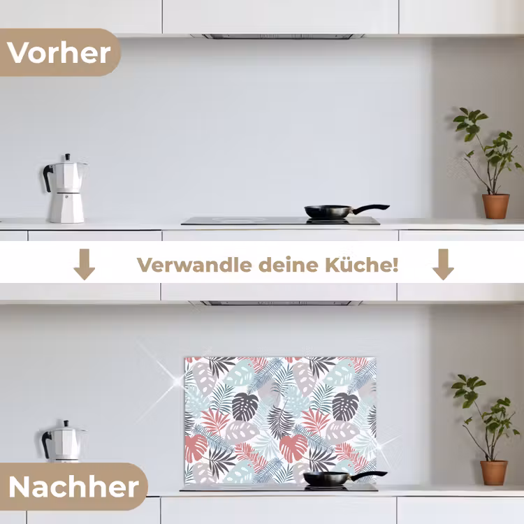 Bladeren - Jungle - Pastel - Tropisch keuken achterwand spatscherm klein -voor_na_DE