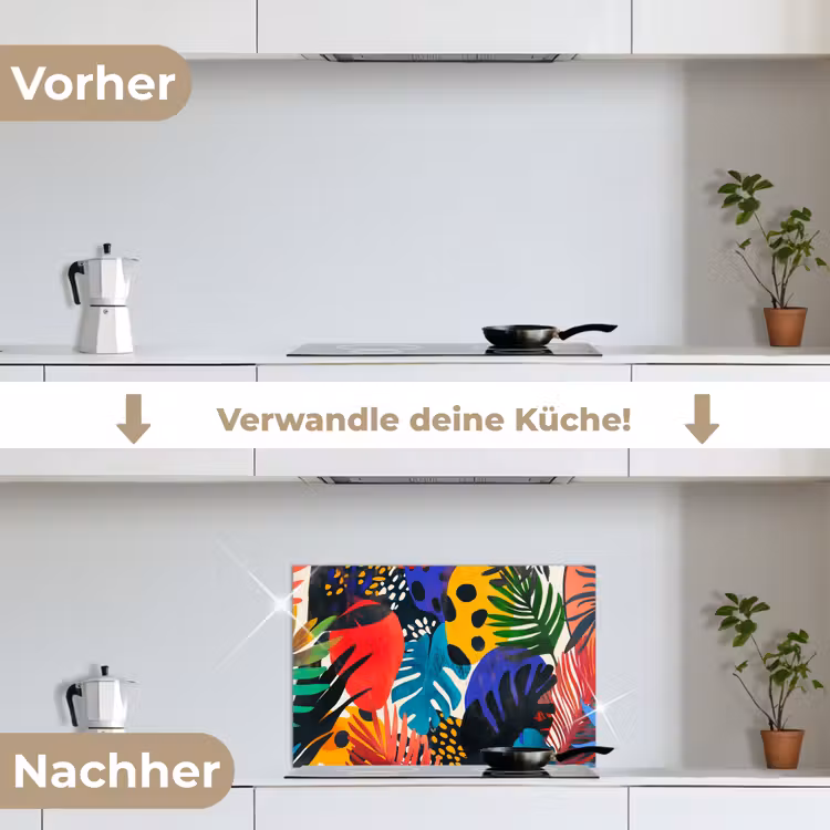 Bladeren - Vormen - Abstract - Kleurrijk keuken achterwand spatscherm klein -voor_na_DE