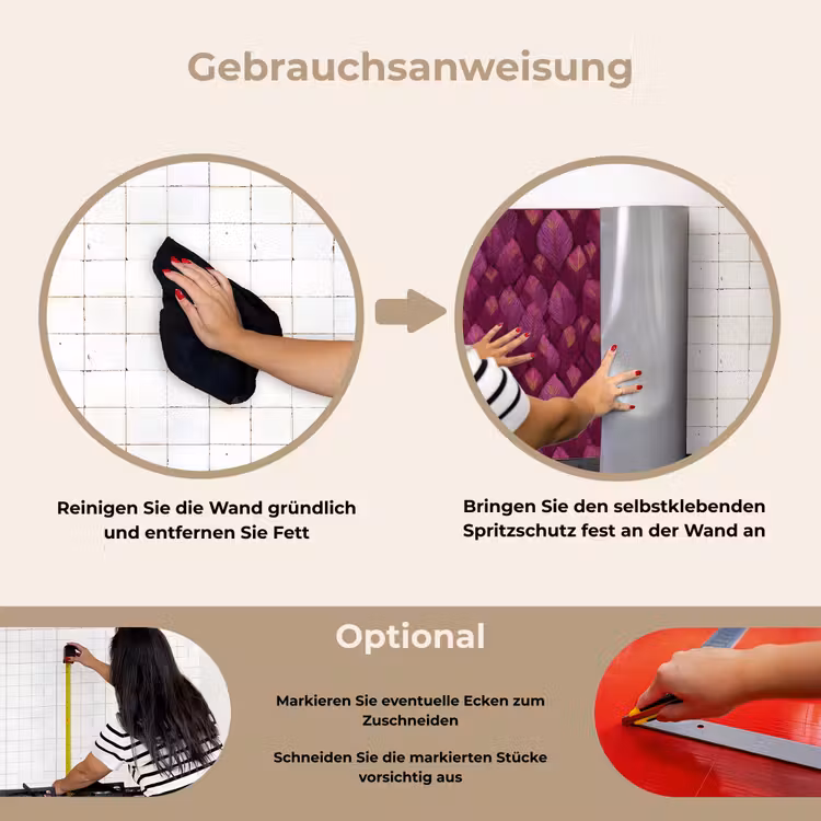 Bladeren - Patroon - Burgundy keuken achterwand spatscherm klein 900 -gebruiksaanwijzing_DE
