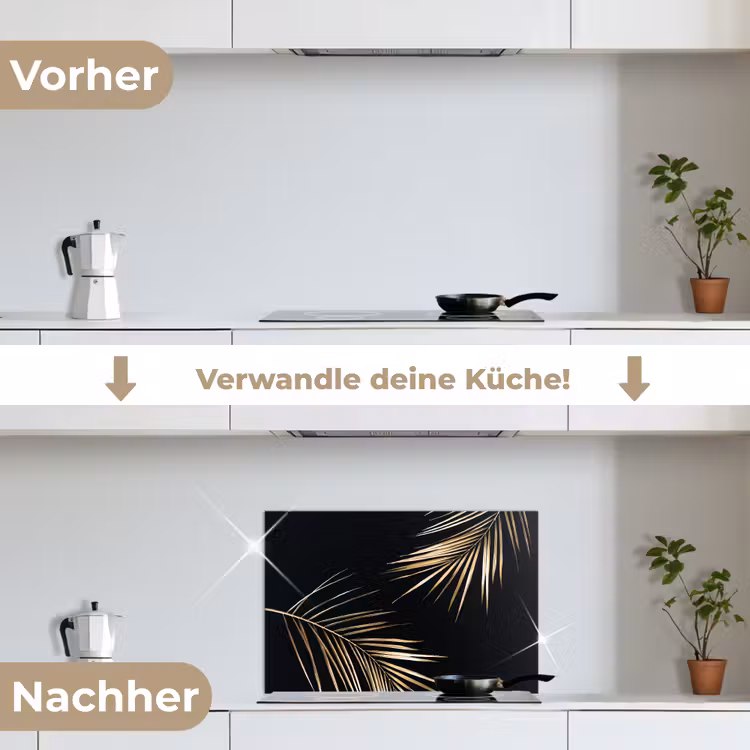 Bladeren - Planten - Goud - Zwart - Luxe keuken achterwand spatscherm klein -voor_na_DE