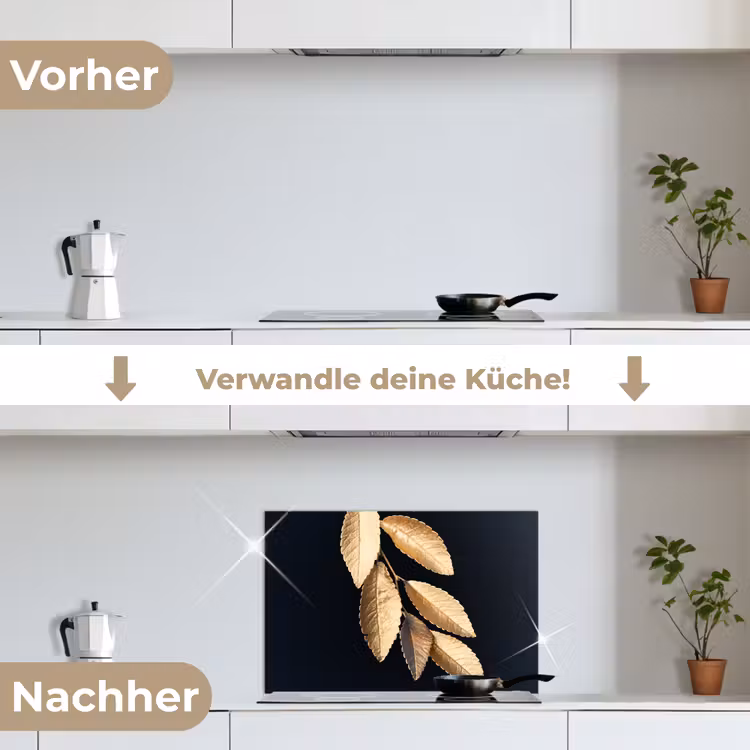 Bladeren - Zwart - Goud - Luxe - Planten keuken achterwand spatscherm klein -voor_na_DE