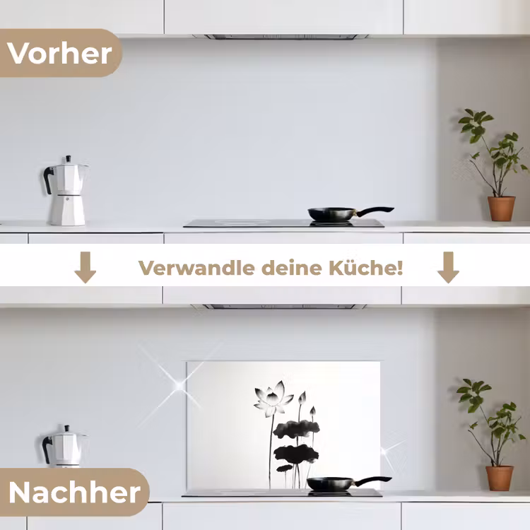 Bladeren - Zwart - Lotusbloem - Minimalitisch keuken achterwand spatscherm klein -voor_na_DE
