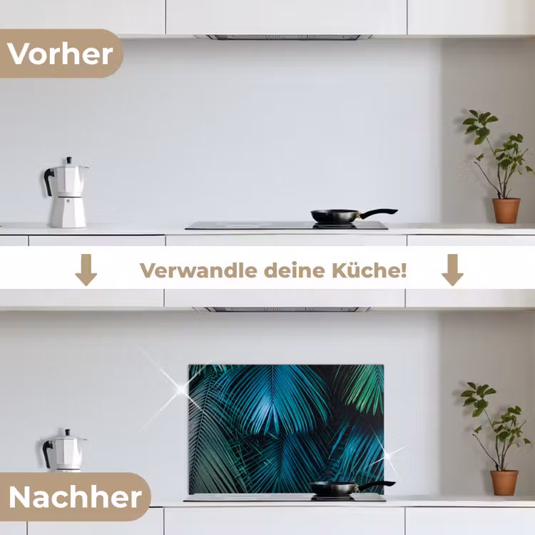 Bladeren - Tropisch - Jungle - Donkergroen keuken achterwand spatscherm klein -voor_na_DE