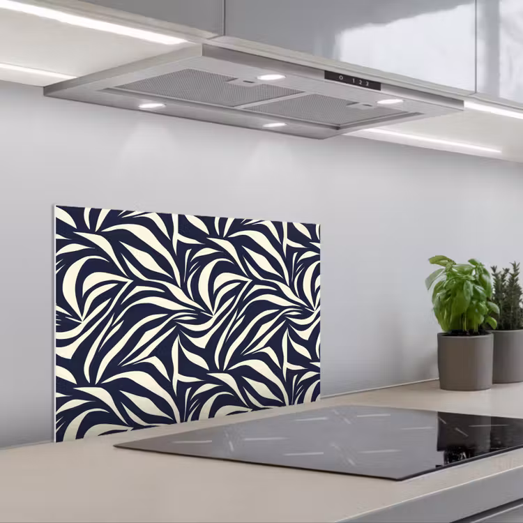Bladvormen - Blauw - Patroon - Wit keuken achterwand spatscherm klein 900 -3d_schuin