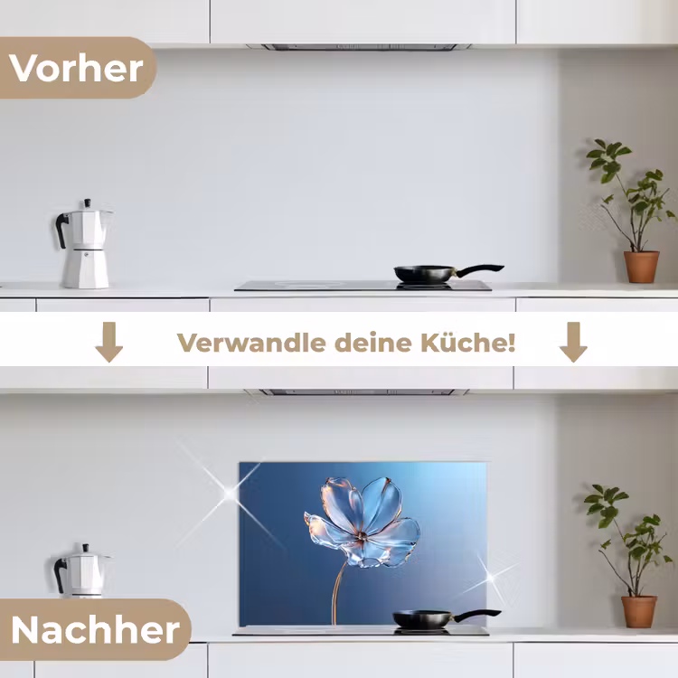 Blauw - Bloem - Glazen - Sierlijk keuken achterwand spatscherm klein -voor_na_DE