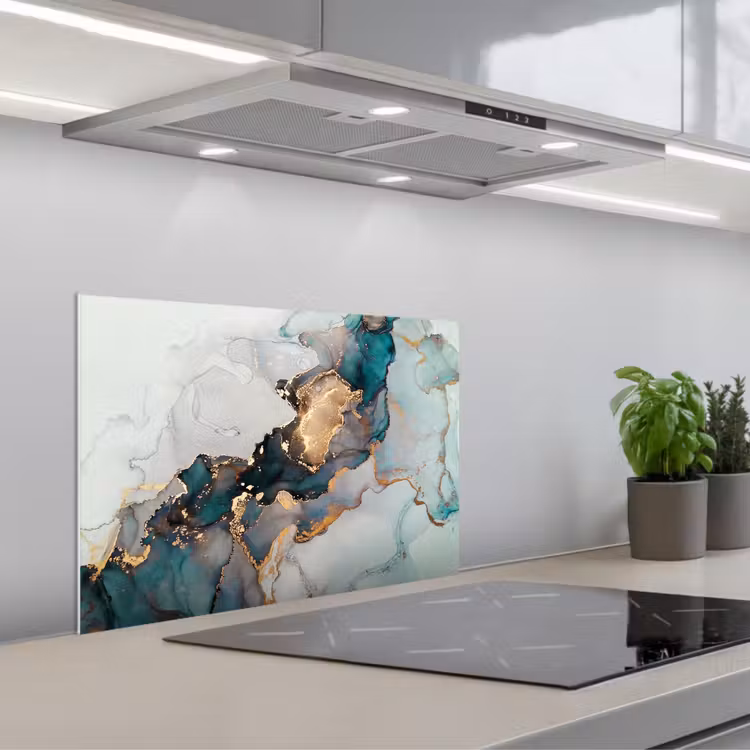Marmer print - Goud - Blauw keuken achterwand spatscherm klein -3d_schuin