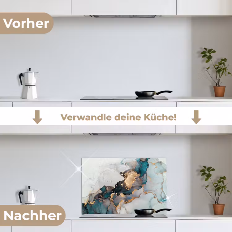 Marmer print - Goud - Blauw keuken achterwand spatscherm klein -voor_na_DE