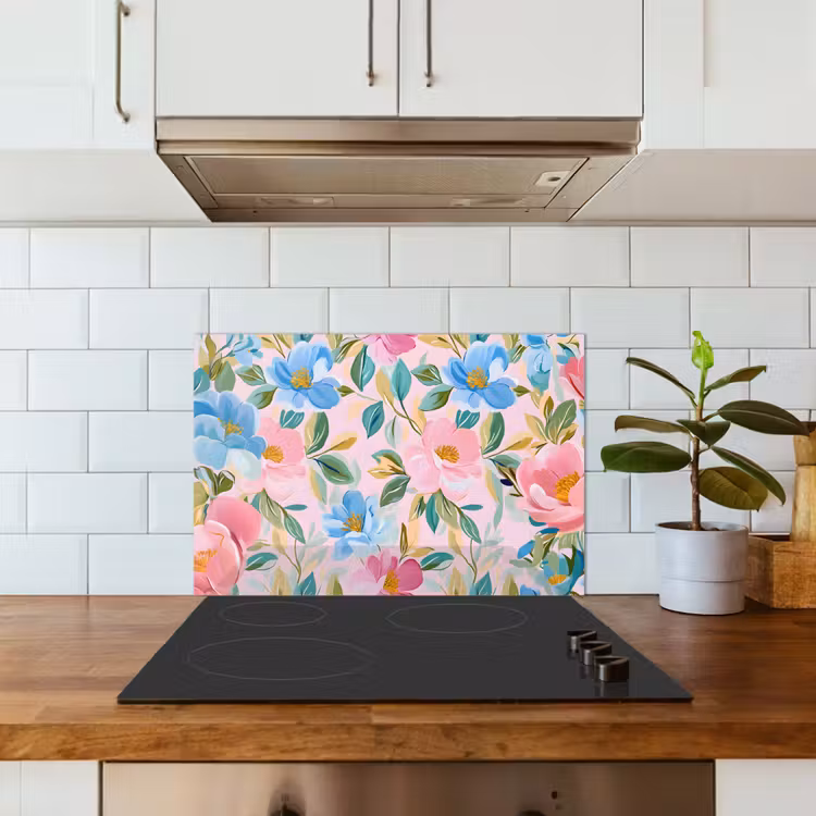 Blauw - Roze - Bloemen keuken achterwand spatscherm klein -sfeer2