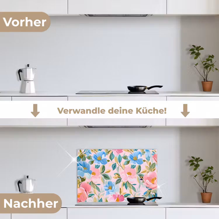 Blauw - Roze - Bloemen keuken achterwand spatscherm klein -voor_na_DE