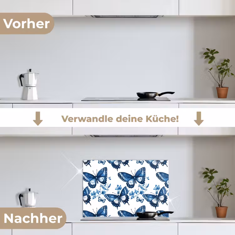 Blauw - Vlinders - Bloemen - Wit keuken achterwand spatscherm klein 900 -voor_na_DE
