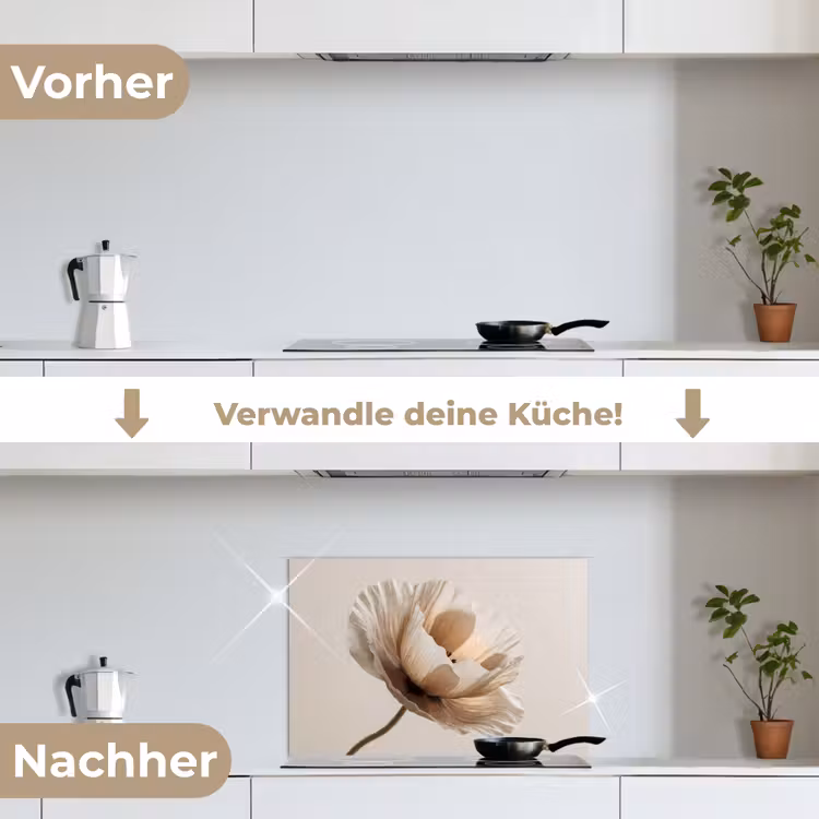 Bloem - Beige - Crème keuken achterwand spatscherm klein -voor_na_DE