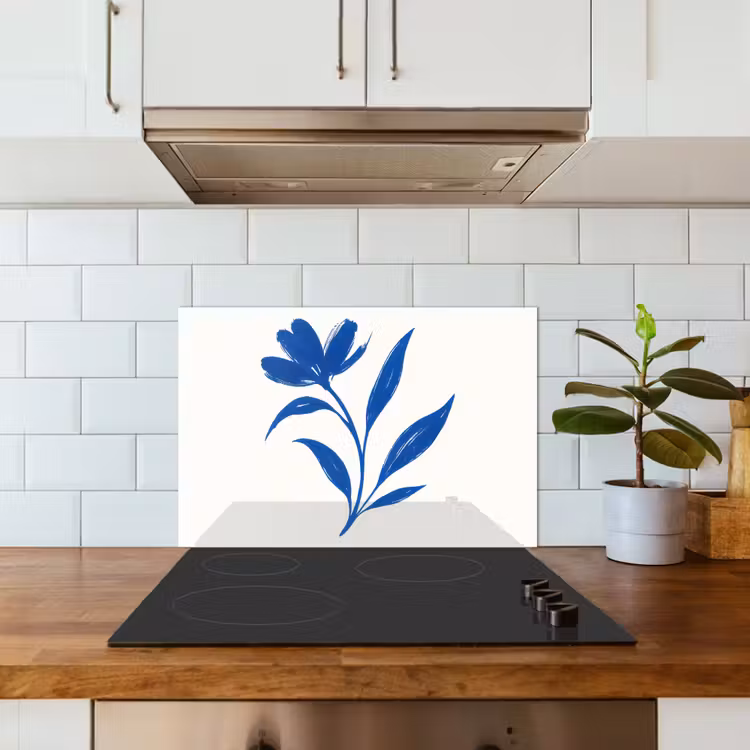 Bloem - Blaadjes - Minimalistisch - Blauw keuken achterwand spatscherm klein -sfeer2