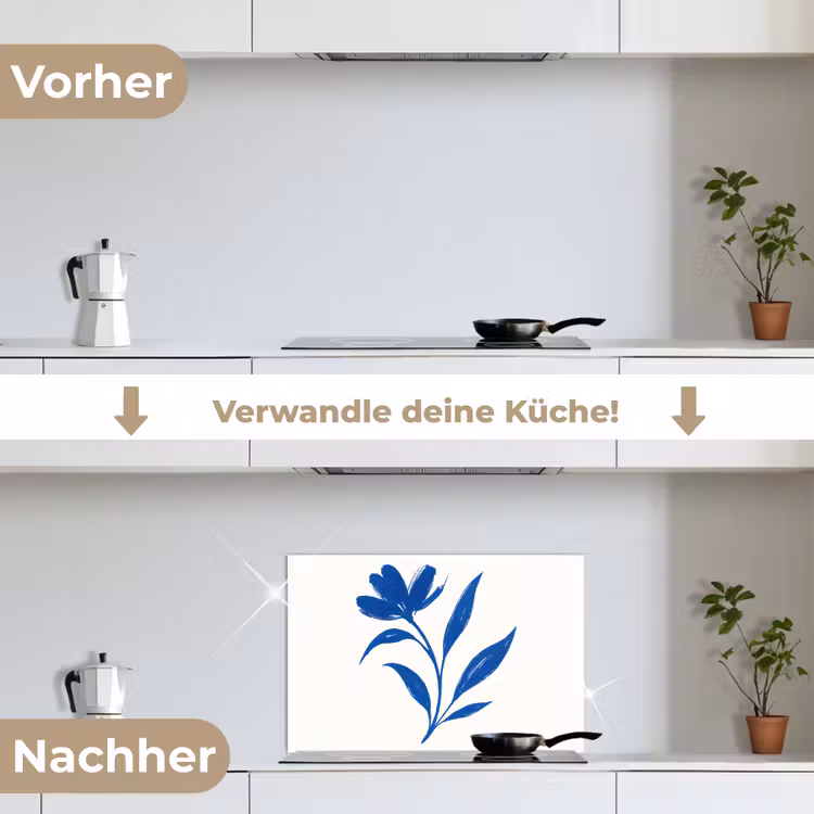 Bloem - Blaadjes - Minimalistisch - Blauw keuken achterwand spatscherm klein -voor_na_DE