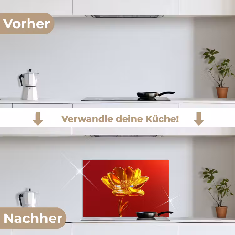 Bloem - Goud - Glazen keuken achterwand spatscherm klein -voor_na_DE