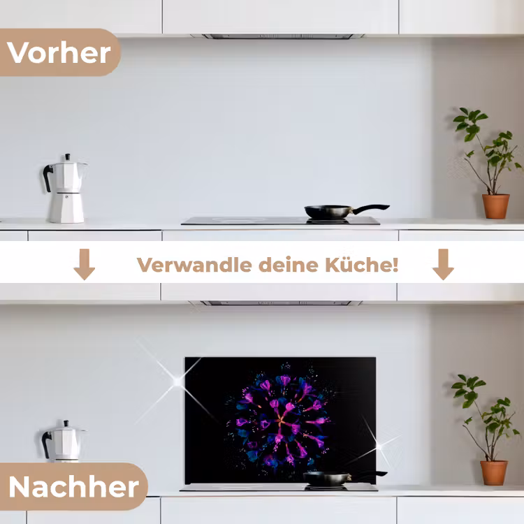 Bloem - Paars - Blauw - Macro - Zwart keuken achterwand spatscherm klein -voor_na_DE