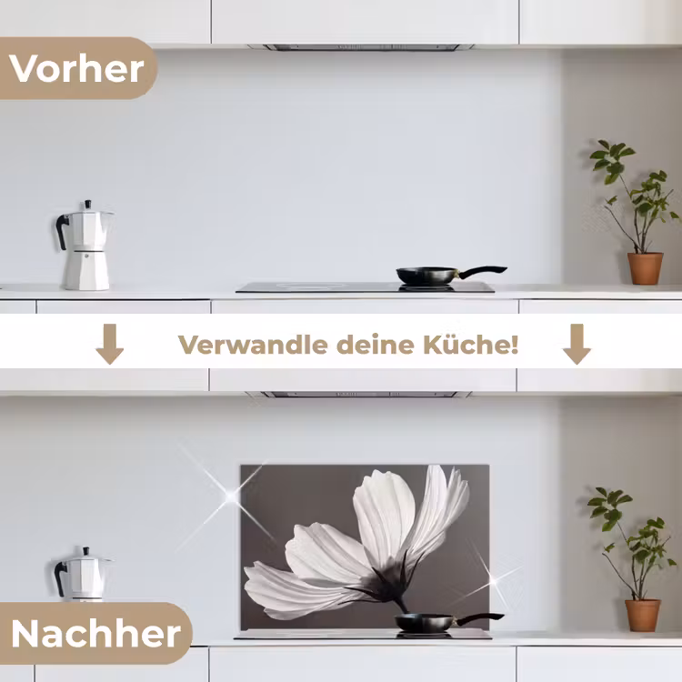 Bloem - Minimalistisch - Zwart - Wit keuken achterwand spatscherm klein -voor_na_DE