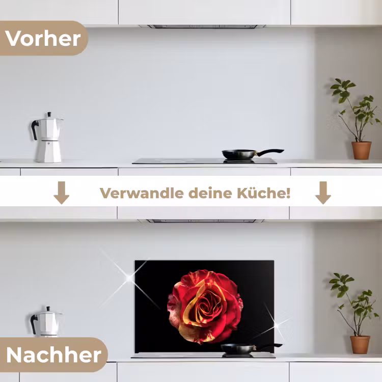 Bloem - Roos - Rood - Zwart keuken achterwand spatscherm klein -voor_na_DE