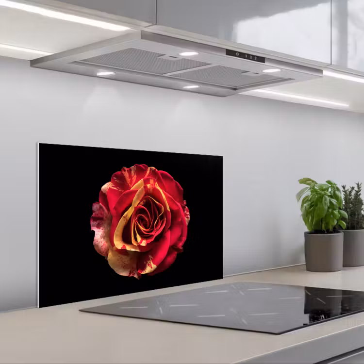 Bloem - Roos - Rood - Zwart keuken achterwand spatscherm klein -3d_schuin