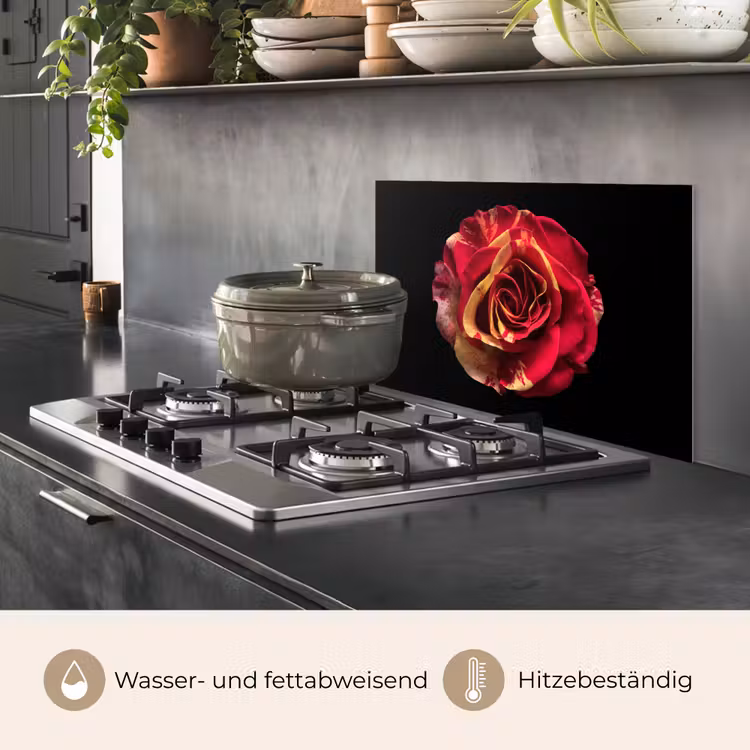 Bloem - Roos - Rood - Zwart keuken achterwand spatscherm klein -usp_DE