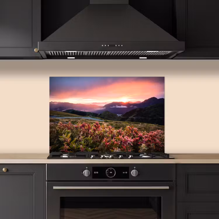Bloemen - Bergen - Landschap - Nacht - Lucht - Roze keuken achterwand spatscherm klein -sfeer1