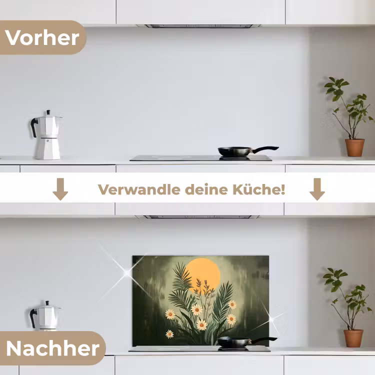 Bloemen - Bladeren - Zon - Groen keuken achterwand spatscherm klein -voor_na_DE