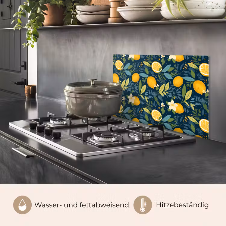 Bloemen - Bladeren - Citroenen - Blauw keuken achterwand spatscherm klein 900 -usp_DE