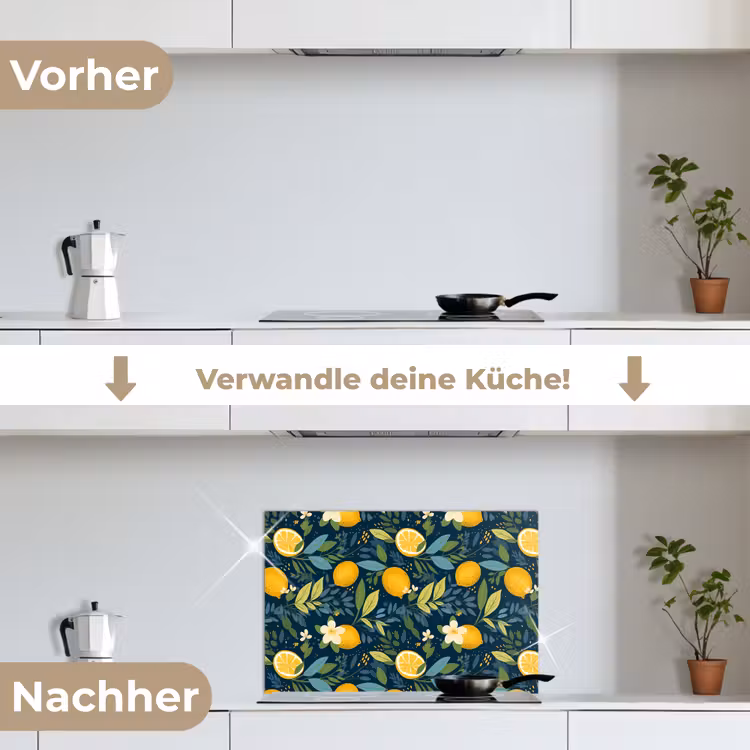Bloemen - Bladeren - Citroenen - Blauw keuken achterwand spatscherm klein 900 -voor_na_DE