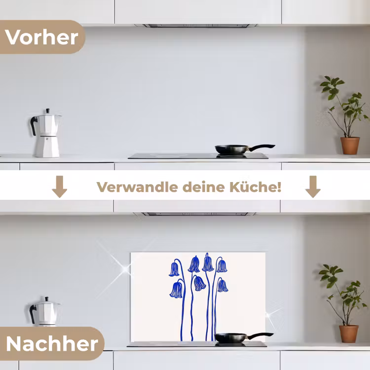 Bloemen - Blauw - Lijnen - Bloemblaadjes keuken achterwand spatscherm klein -voor_na_DE