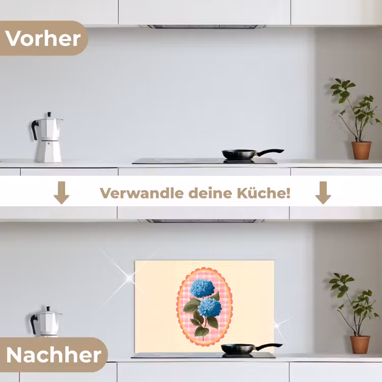 Bloemen - Blauw - Lijst - Bladeren keuken achterwand spatscherm klein -voor_na_DE