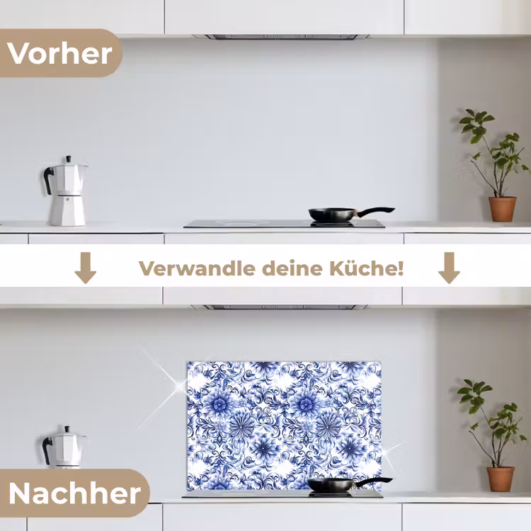 Bloemen - Blauw - Patroon - Wit keuken achterwand spatscherm klein 900 -voor_na_DE